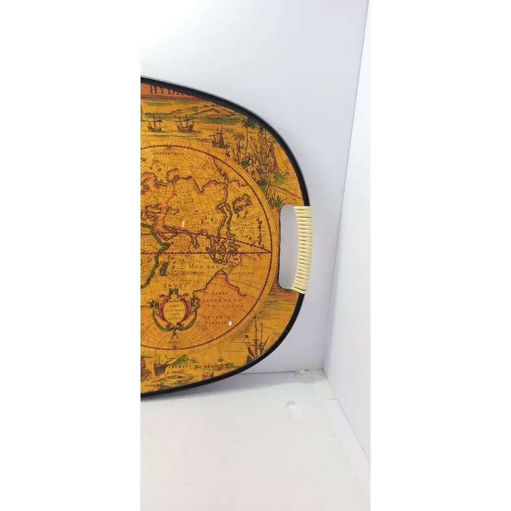 Vintage Old World Map Globe Serving Tray Made in Japan Oval Bar Serving Tray